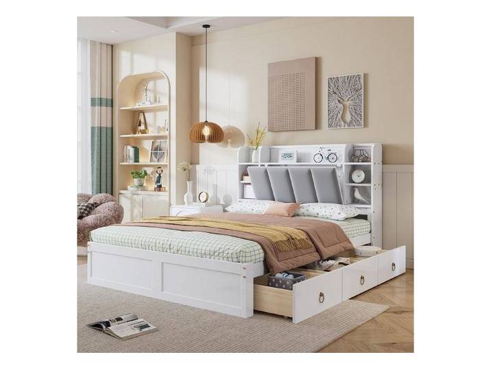 autolock Holzbett Doppelbett Rahmen aus Kiefer mit Klapptür-Fach & gepolstertem Kopfteil (140x200 cm), Bettgestell Einzelbett für Kinder, Jugendliche & Erwachsene von autolock