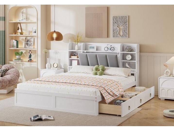 autolock Holzbett Doppelbett Rahmen aus Kiefer mit Klapptür-Fach & gepolstertem Kopfteil (160x200 cm), Bettgestell Einzelbett für Kinder, Jugendliche & Erwachsene von autolock