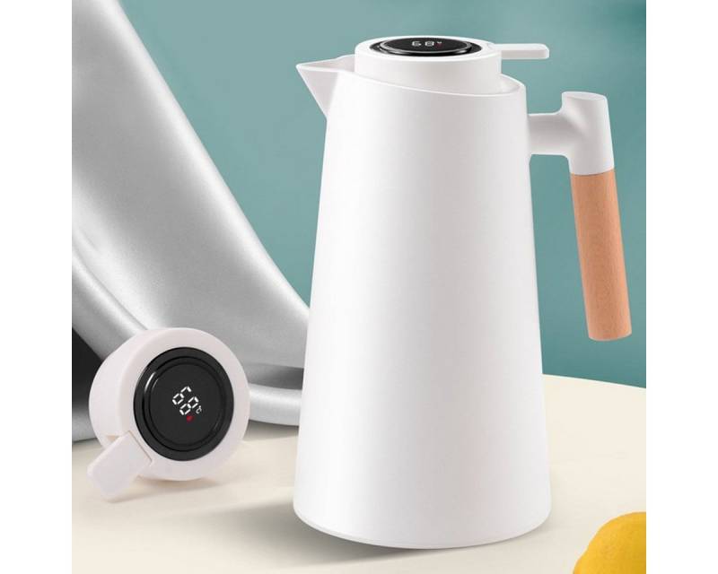 autolock Isolierkanne Thermoskanne 1L Isolierkanne mit Temperaturanzeige Holzgriff, Thermo Kaffeekanne langer Thermoeeffekt von autolock