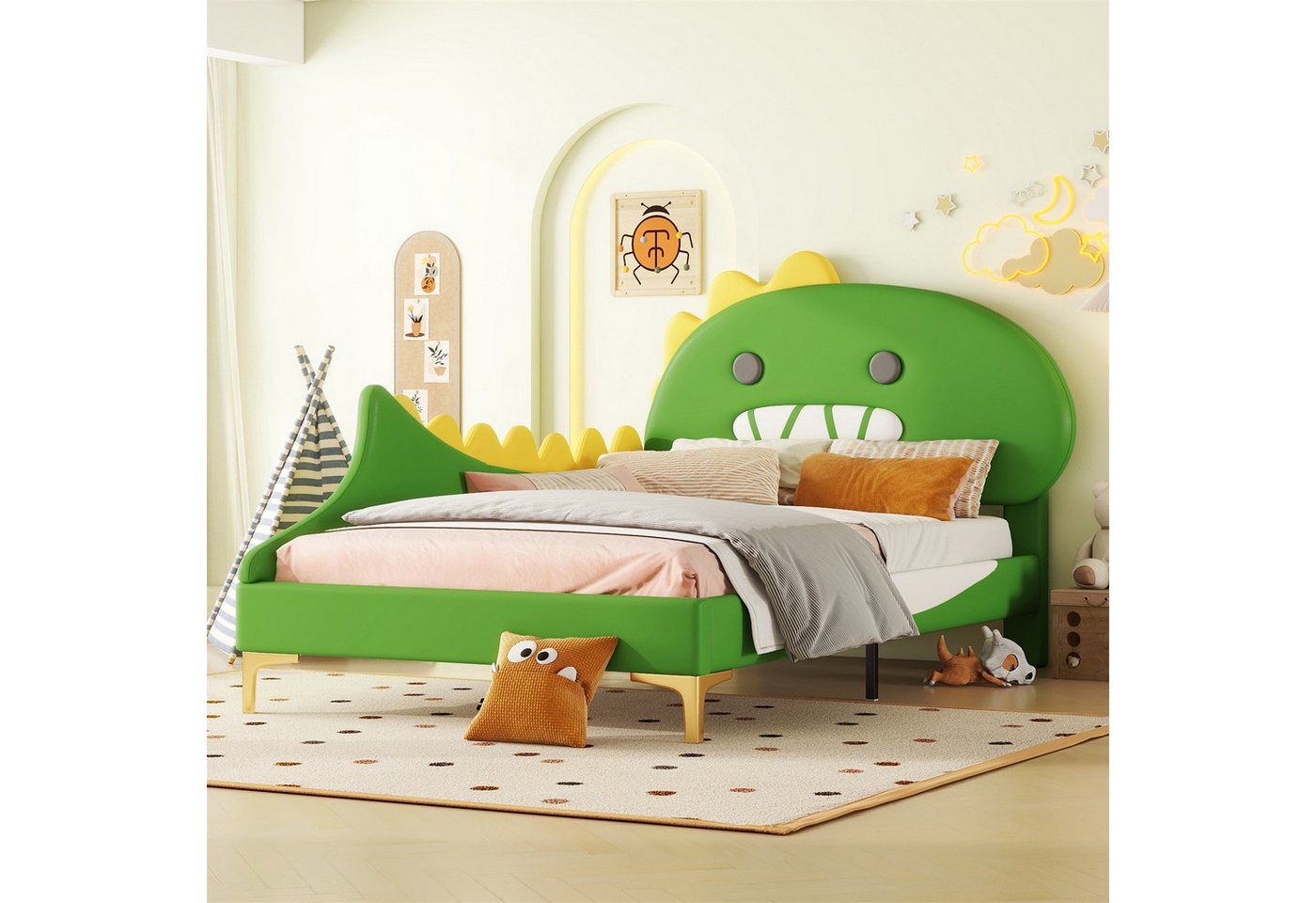 autolock Kinderbett 90*200cm Kinderbett, Cartoon Dinosaurier Form, Flachbett, PU von autolock