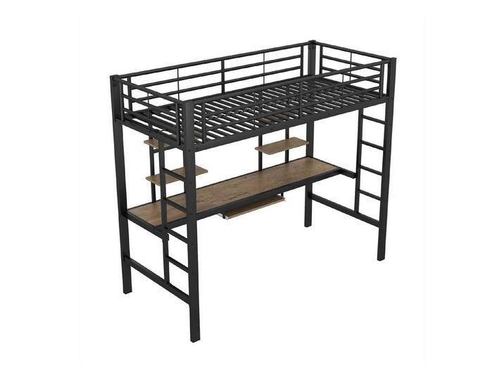 autolock Kinderbett Bettgestell Metallbett, Eisenbett, Kinderbett mit Schreibtisch, Hochbett mit zwei Bücherregalen für Kinder und Erwachsene, schwarz von autolock