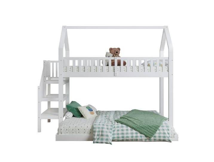 autolock Kinderbett Etagenbett, Hausbett mit Treppe, Kinderbett mit Fallschutz und Gitter, Jugendbett,(90x200&140*190cm)hochbett,Rahmen aus Kiefer von autolock