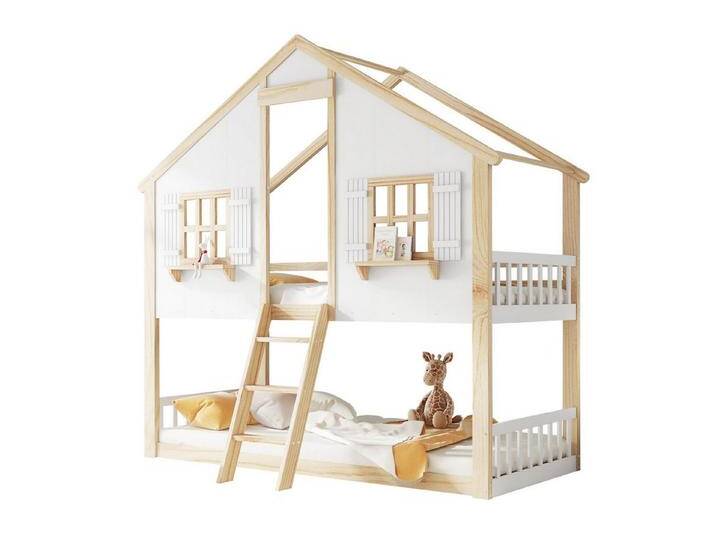 autolock Kinderbett Etagenbett, Kinderbett, Schöne Fenster und Dach, Stabile Lattenroste, Hochbett mit Seitliche Sicherheitsgeländer von autolock