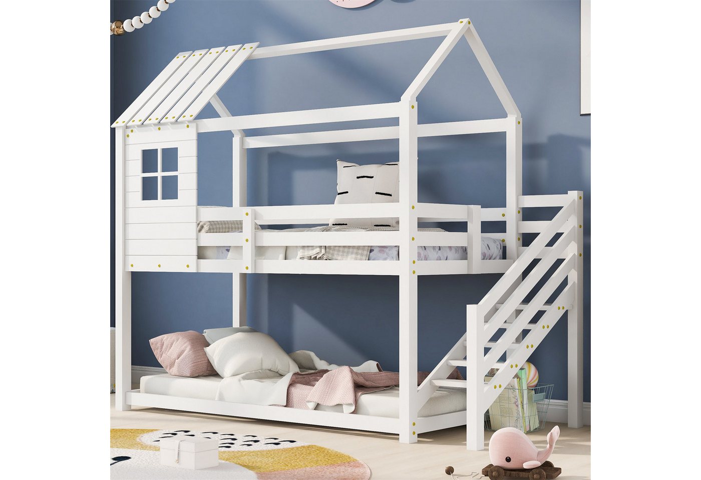 autolock Kinderbett Etagenbett,Bett mit Ecktreppe,Hausbett(200x90cm) Kinderbett, mit Fallschutz und Gitter, mit Fenster, Rahmen aus Kiefer von autolock