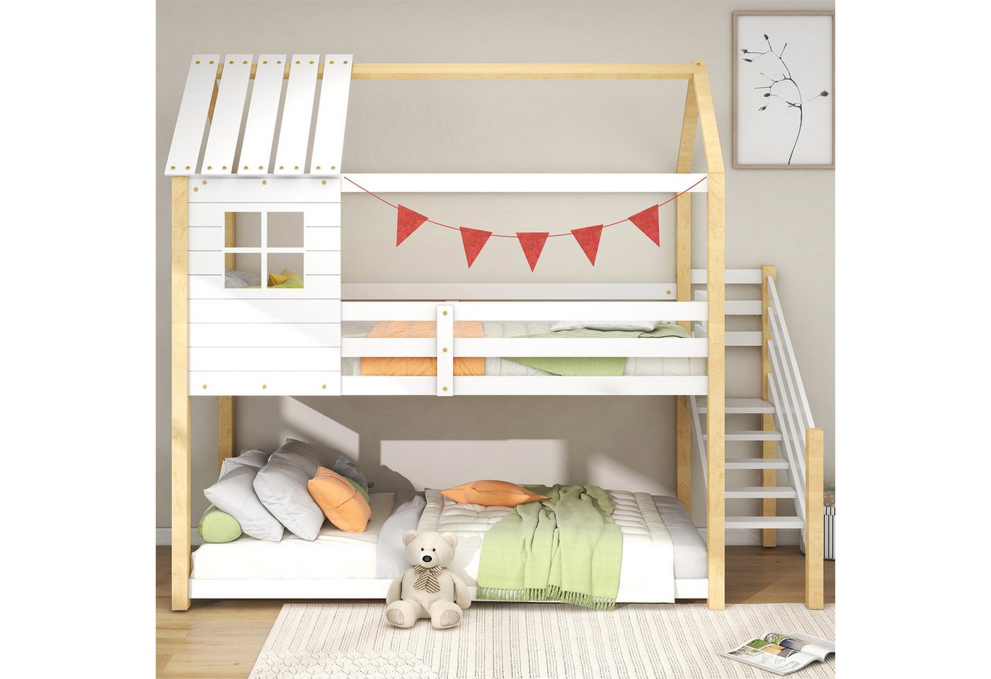 autolock Kinderbett Etagenbett,Bett mit Ecktreppe,Hausbett(200x90cm) Kinderbett, mit Fallschutz und Gitter, mit Fenster, Rahmen aus Kiefer von autolock