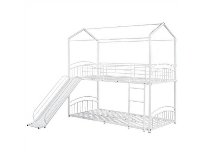 autolock Kinderbett Etagenbett,Hausbett,Kinderbett mit Treppe mit Rutsche, mit rechtwinkliger Leiter,Fallschutz und Gitter, Metallrahmen, weiß von autolock