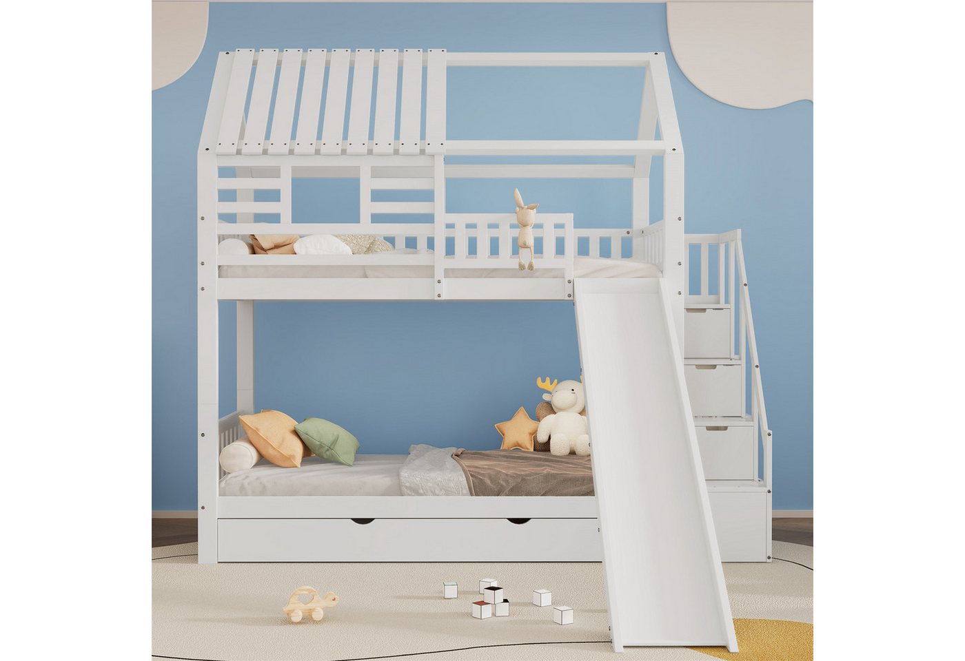 autolock Kinderbett Etagenbett,Hausbett,Rahmen aus Kiefernholz und MDF,mit Treppe, Rutsche,Stauraum,Fenster und Dach,Fallschutzgitter und Schublade von autolock