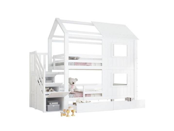 autolock Kinderbett Etagenbett,Kinderbett,Treppenschrank mit Ablagefächern,Schöne Fenster, Hochbett mit Aufbewahrungsschublade mit Rollen von autolock