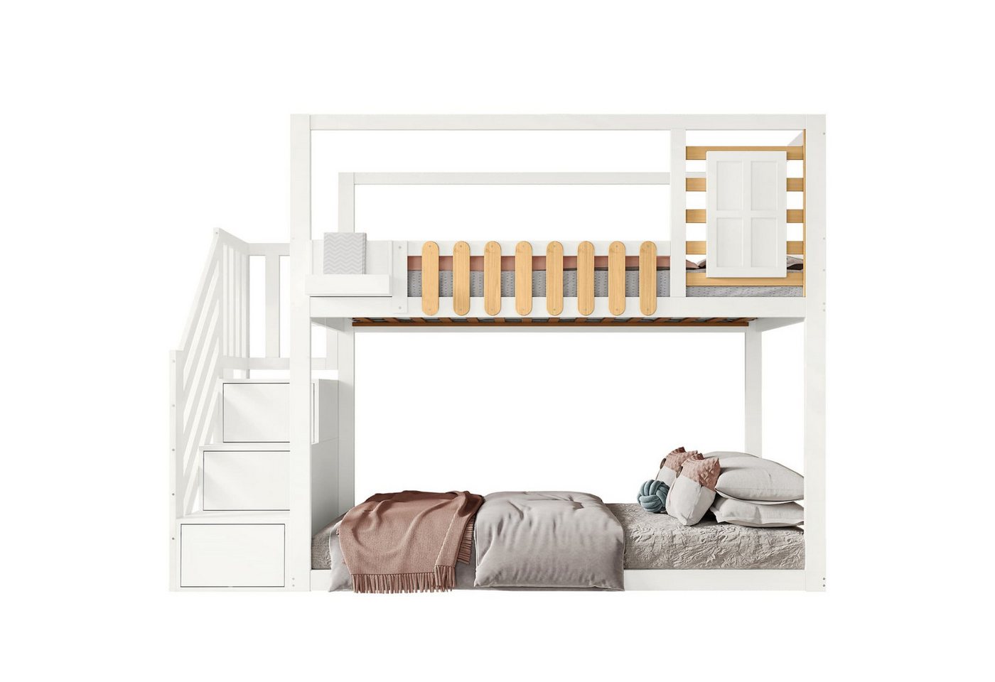 autolock Kinderbett Etagenbett mit Treppe,Fenster und Regalkasten,aus massivem Kiefernholz, Kinderbett mit 3 Schließfächer in der Treppe, mit Fallschutzgitter autolock Kinderbett Etagenbett mit Treppe,Fenster und Regalkasten,aus massivem Kiefernholz, Kinderbett mit 3 Schließfächer in der Treppe, mit Fallschutzgitter von autolock