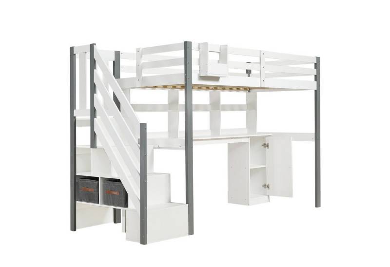 autolock Kinderbett Halbhohes Bett,Mit Stoff-Aufbewahrungsbox,Reichlich Stauraum,Kiefer, Mit seitlicher Leiter,Offenes Regal,mit Schreibtisch und Schließfächer von autolock