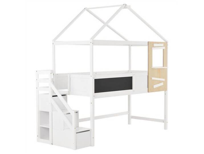 autolock Kinderbett Hausbett, Kinderbett,Etagenbett mit Treppe und Fenster,mit Lattenrost, Treppe mit 3 Schubladen, weiß (200x90 cm), weiß von autolock
