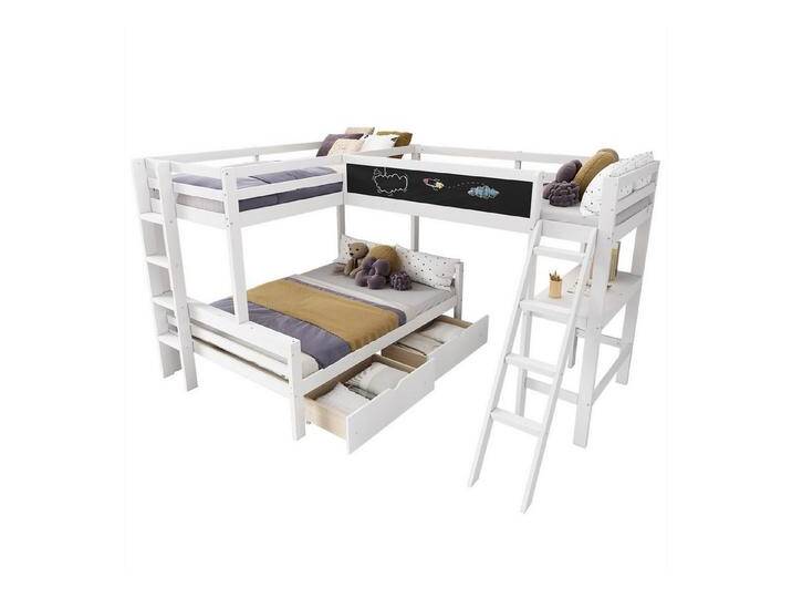 autolock Kinderbett Hochbett,Etagenbett,Kinderbett,mit Aufbewahrungsschubladen, Hausbett mit Schreibtisch und Regal,140*200cm+90*200cm, weiß von autolock