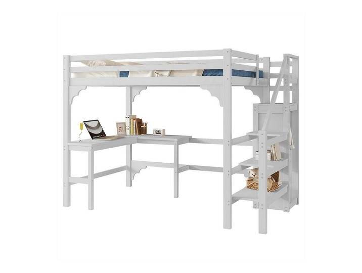 autolock Kinderbett Hochbett,Kinderbett,140*200cm,stilvoller L-förmiger Schreibtisch, Kiefernholz, Offener Kleiderschrank, minimalistischer Stil, weiß von autolock