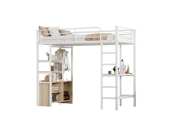 autolock Kinderbett Hochbett,Kinderbett mit Schreibtisch, Mit Steckdose und USB, Mehrere Regale,Offener Lagerschrank,Geländer,Leiter,Eisenrahmen, weiß von autolock