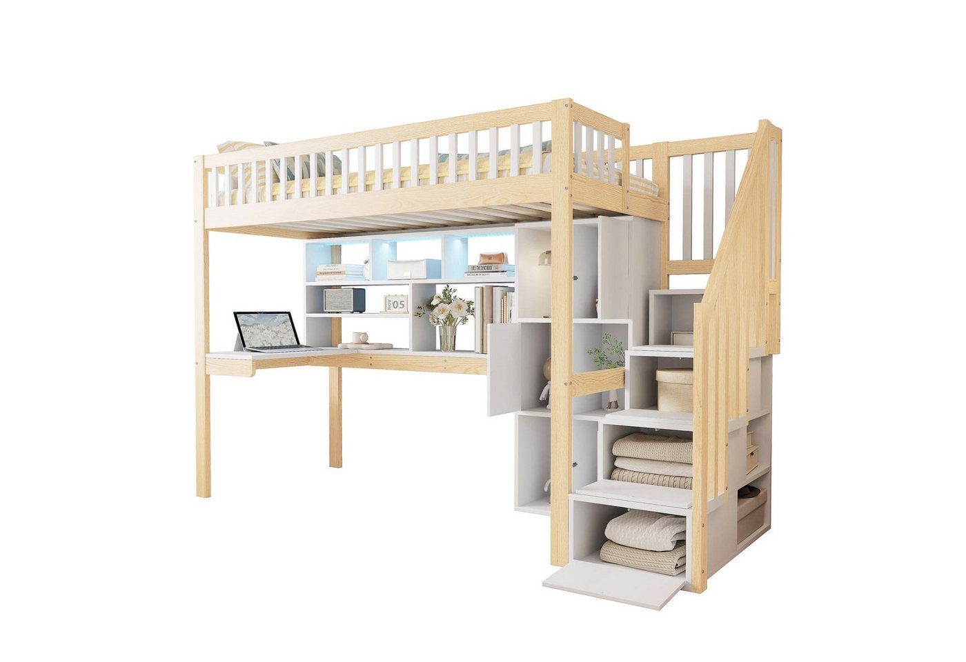 autolock Kinderbett Hochbett,mit LED-Leuchten,Ablageleiter/fächer,RegaleSchreibtisch von autolock