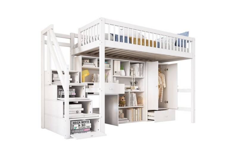 autolock Kinderbett Hochbett mit Schreibtisch Treppe Schließfächern Kleiderschrank (90*200 ohne Matratze), Massivholz Etagenbett Einzelbett für Kinder & Jugendliche von autolock