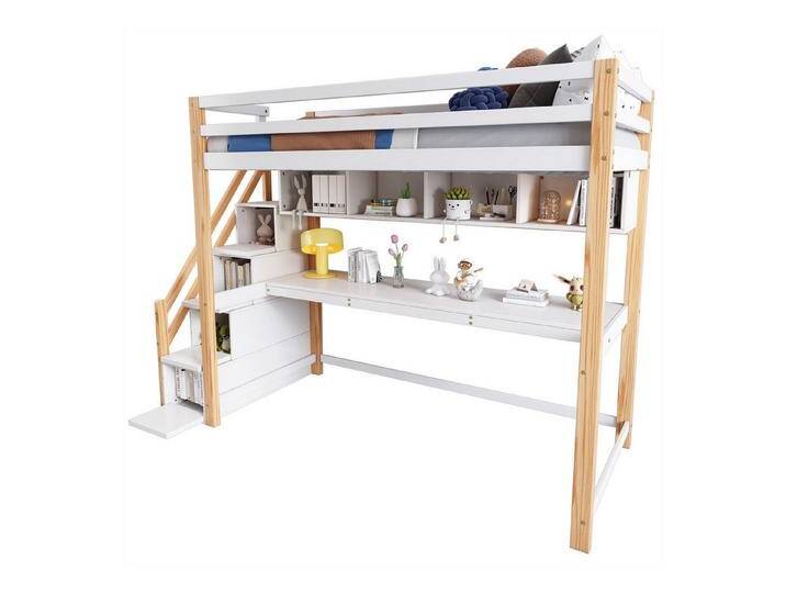 autolock Kinderbett Hochbett mit Stauraumtreppe,aus Kiefernholz,Etagenbett,Kinderbett, mit großen Schreibtisch und Regalen,Umweltfreundliche Farben von autolock