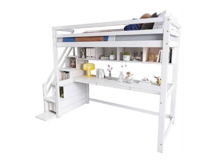 autolock Kinderbett Hochbett mit Stauraumtreppe,aus Kiefernholz,Etagenbett,Kinderbett, mit großen Schreibtisch und Regalen,Umweltfreundliche Farben von autolock