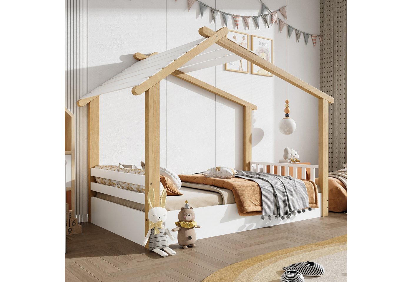 autolock Kinderbett Holzbett Einzelbett mit Kiefernholzrahmen, Lattenrost, Holzhaus Design (90x200 cm), Bettgestell Kabinenbett, Weiß-Natur von autolock
