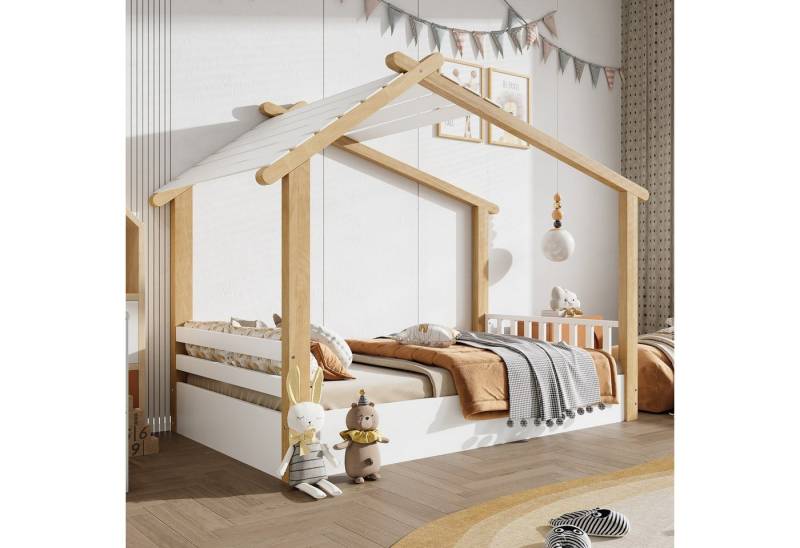 autolock Kinderbett Holzbett Einzelbett mit Kiefernholzrahmen, Lattenrost, Holzhaus Design (90x200 cm), Bettgestell Kabinenbett, Weiß-Natur von autolock