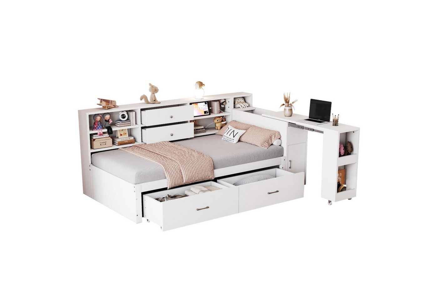 autolock Kinderbett Holzschlafsofa,kinderbett,Holzbett mit multifunktionaler Stauraum, verdeckte Staufächer+Regale,große Schubladen,ausziehbarer Schreibtisch von autolock