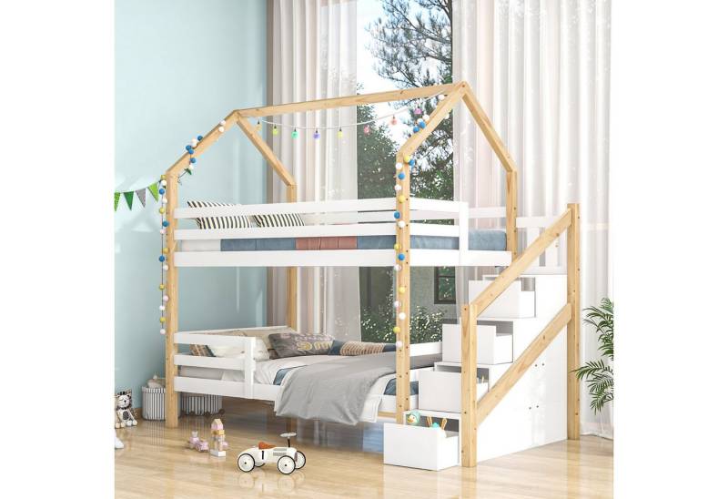 autolock Kinderbett Ins aus dem Bett kommen Doppelbett,Kinderbett in Hausform, Leiterschrank,Kiefernholz Haus Bett for Kids, 90 x 200 cm von autolock