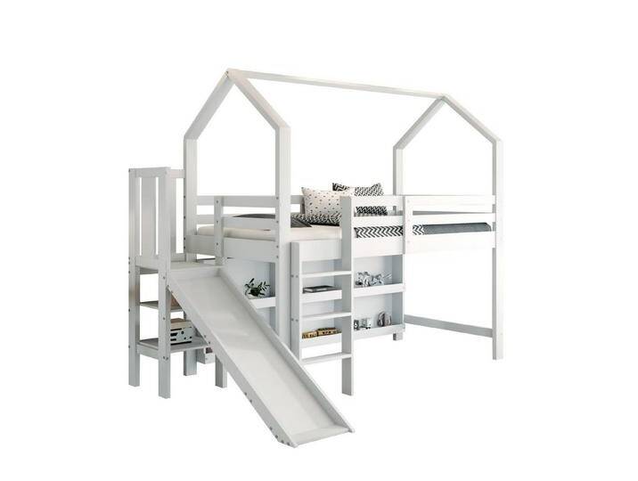 autolock Kinderbett Kinderbett,Einzelbett,Multifunktionales Kinderbett,Mit Rutsche, Mit Treppen,Schließfach und Regal,aus Massivholz+MDF, weiß von autolock