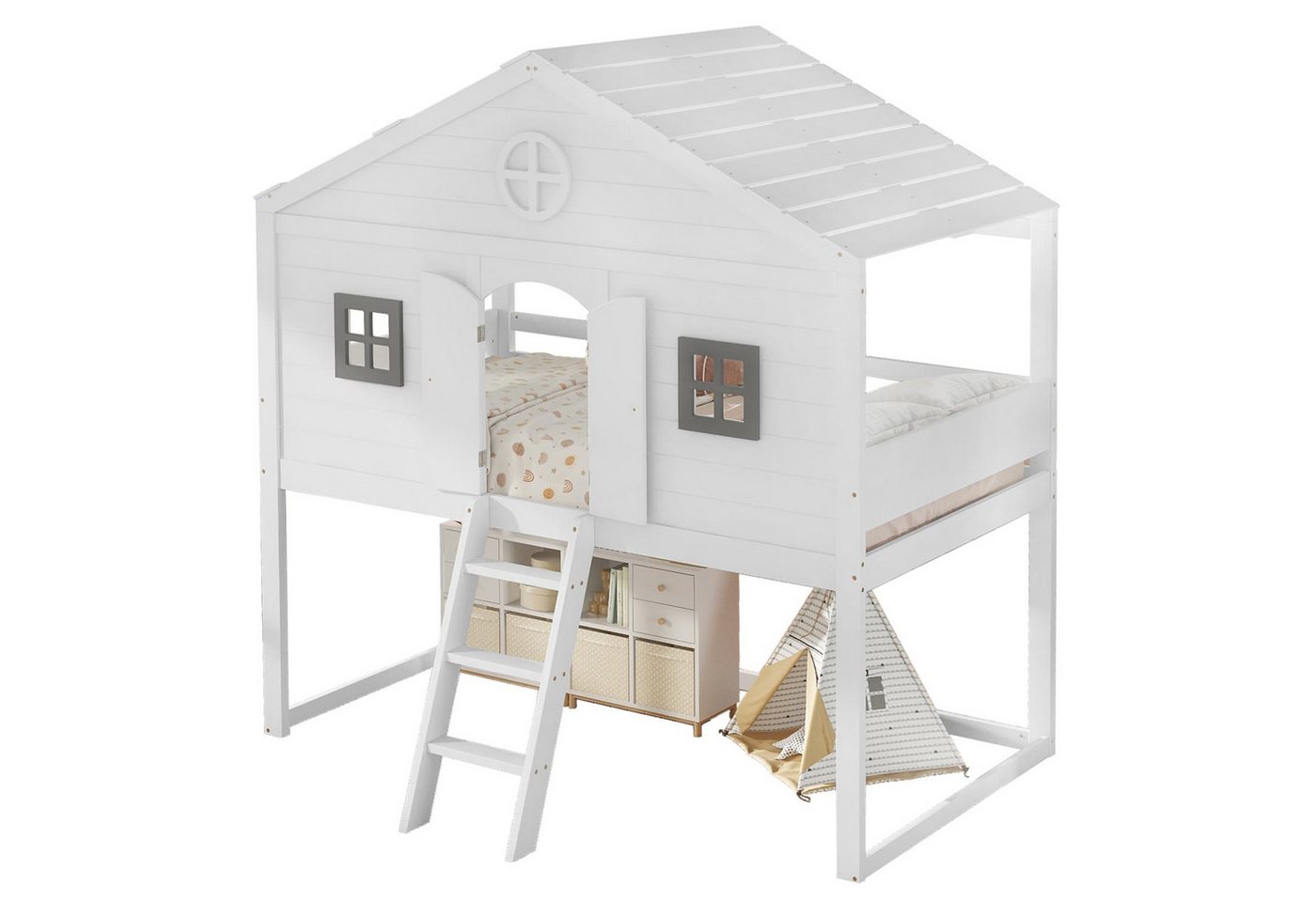 autolock Kinderbett Kinderbett,mit Treppe,mit Fallschutz und Gitter,Zwei graue Fenster, Hausbett mit Fenster,Frei gestaltetes Unterbett,Rahmen aus Kiefer+MDF von autolock