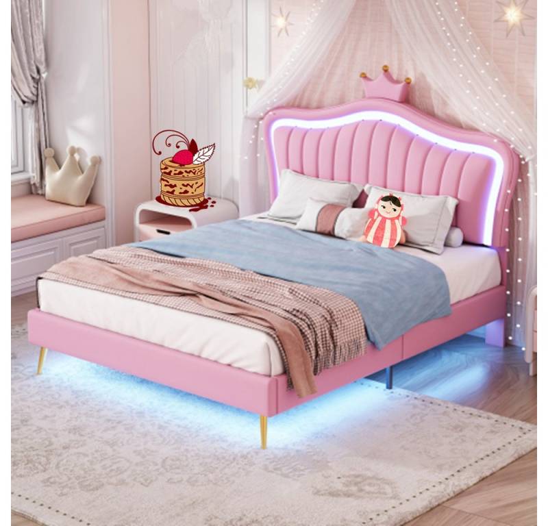 autolock Kinderbett Kinderbett Polsterbett 140 x 200 cm, Bettgestell für Mädchen, Doppelbettgestell mit LED-Leuchten, Lattenrost und Rückenlehne von autolock