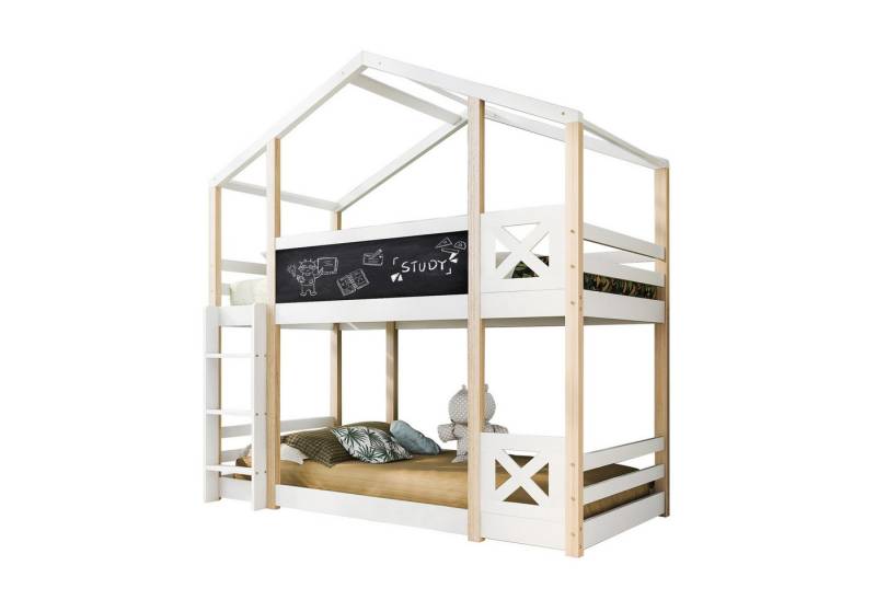 autolock Kinderbett Kinderhochbett 90×200 cm aus Kiefernholz Spielbett mit Dach und Tafel (zertifiziert & platzsparend), sicheres Massivholz-Hochbett im Baumhaus-Stil für 2 Personen von autolock