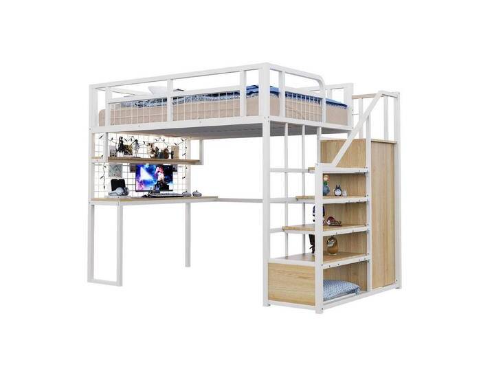 autolock Kinderbett Metall-Hochbett,mit Aufbewahrungsleiter und Einfachem Kleiderschrank, 140x200cm Kinderbett mit Ablage,Tisch+Netzregal autolock Kinderbett Metall-Hochbett,mit Aufbewahrungsleiter und Einfachem Kleiderschrank, 140x200cm Kinderbett mit Ablage,Tisch+Netzregal von autolock