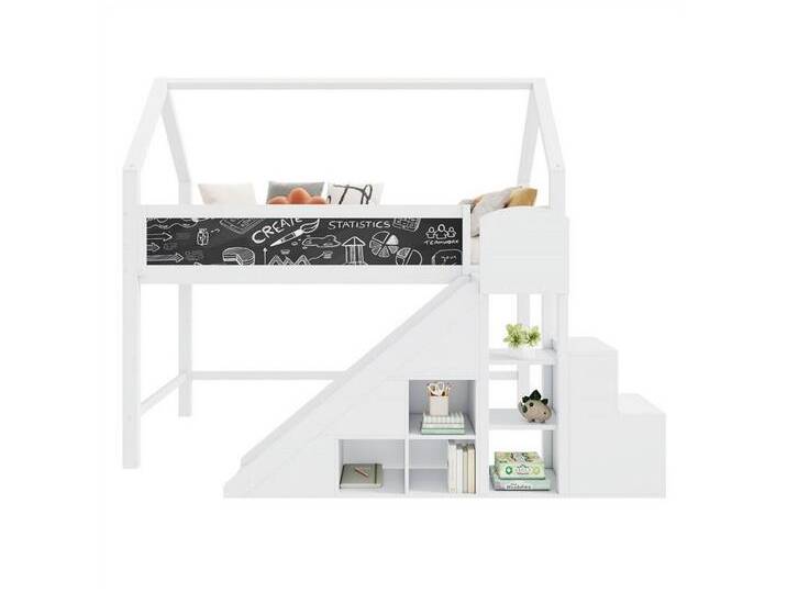 autolock Kinderbett Multifunktionales Kinderbett,Einzelbett mit Graffiti-fähige Tafel, Rutsche,Treppe und Schränken,Treppe mit Stauraum,ohne Matratze von autolock
