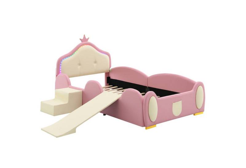autolock Kinderbett Polsterbett,Crown Cartoon Bett,Mit Multi-Mode-LED-Streifen,Kinderbett, mit kleiner Rutsche,Treppe,schützenden weichen Kanten,Holzlatten von autolock