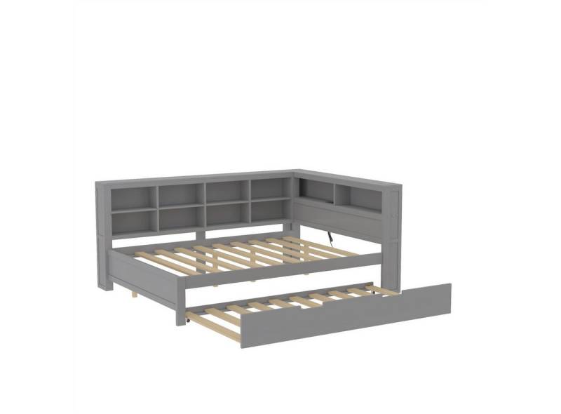 autolock Kinderbett Schlafsofa 140*200, ausziehbares Bett 90*190 mit USB-Steckdose, mehreren Ablagefächern,Massivholzbett,Multifunktionsbett aus Holz von autolock