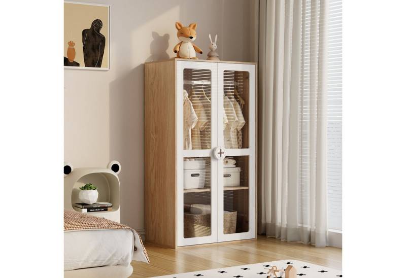 autolock Kinderkleiderschrank Schrank, Kleiderstange & verschiebbaren Regalen, Keks-Form-Holzgriffen (80×50×150 cm) Zweitüriger Kindergarderobe Kleiderschrank weiß+natürliches Holz von autolock