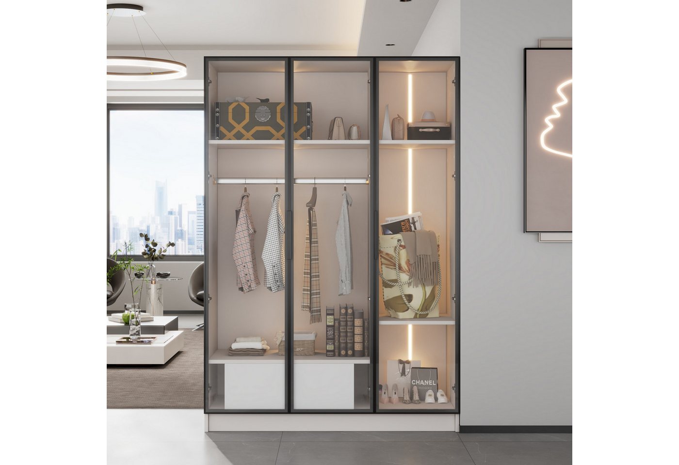 autolock Kleiderschrank Garderobe mit LED-Licht 3 Glastüren 1 Kleiderstange 1 Schublade (110*50*160 cm) Geräumiger Kleiderschrank für Eingangsbereiche Flur Diele, Weiß von autolock