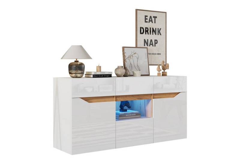 autolock Kommode Anrichte,Sideboard mit 4 Schubladen,Schrank mit zwei Fächern,Kommode, vielseitig einsetzbar,Hochglanz-Beistellschrank mit LED-Beleuchtung von autolock