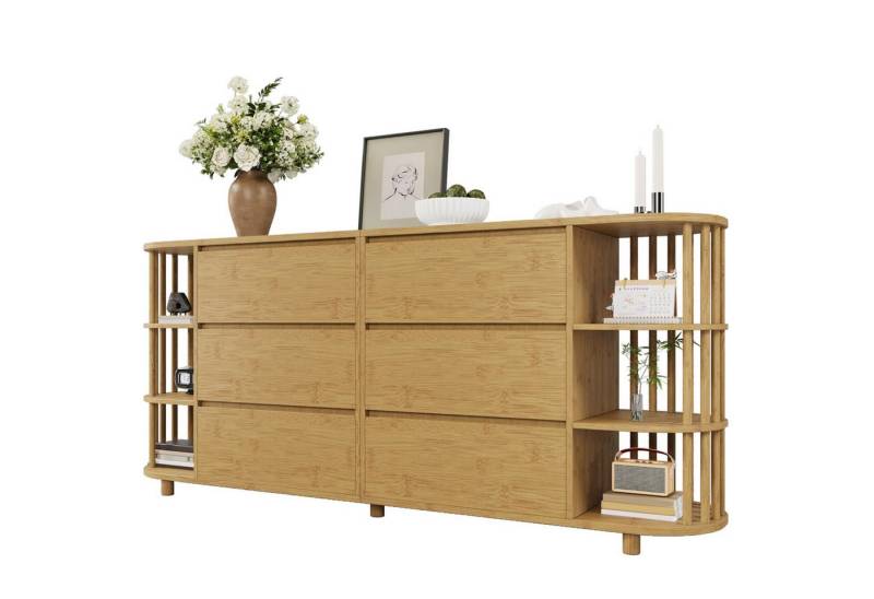 autolock Kommode Kommode Sideboard,Römisches Design mit Säulen und Bambus-Regalen, 75*160*40cm,mit 6 Schubladen+offene Regale,Höhenverstellbare Füße von autolock