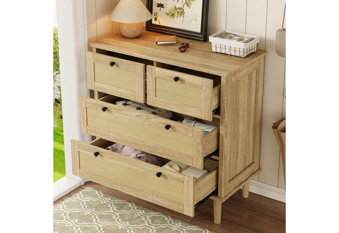 autolock Kommode Sideboard Anrichte mit Beine aus Massivholz (80 x 40 x 80 cm), Aufbewahrungsschrank mit 4 Schubladen, Rattanschubladen von autolock