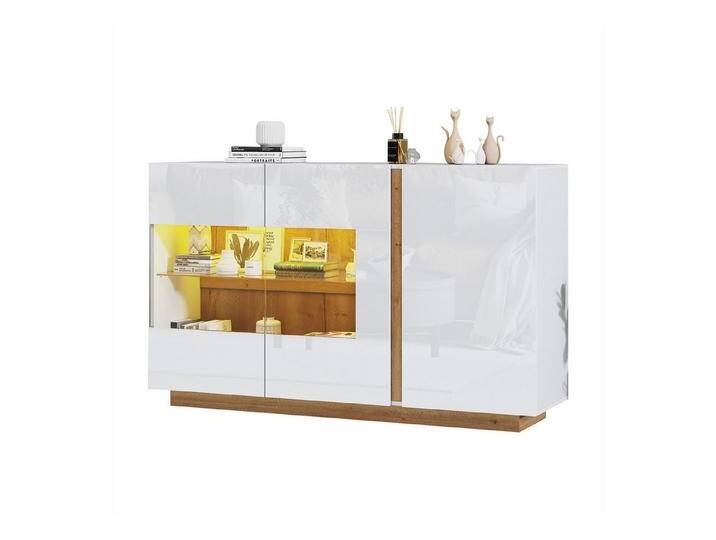 autolock Kommode Sideboard Hochglanz Kommode,Spanplatte mit Glas,138*38*90.5cm, Holzsockel, Kommode Schrank Flurschrank, weiß von autolock