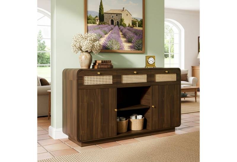 autolock Kommode Sideboard Schubladenschrank mit Rattan, Höhenverstellbare Einlegeböden (120×40×85 cm), Anrichte mit 3 Schubladen 2 Schränke offenes Regal, Nussbaum von autolock