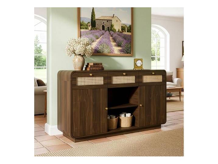 autolock Kommode Sideboard Schubladenschrank mit Rattan, Höhenverstellbare Einlegeböden (120×40×85 cm), Anrichte mit 3 Schubladen 2 Schränke offenes Regal von autolock
