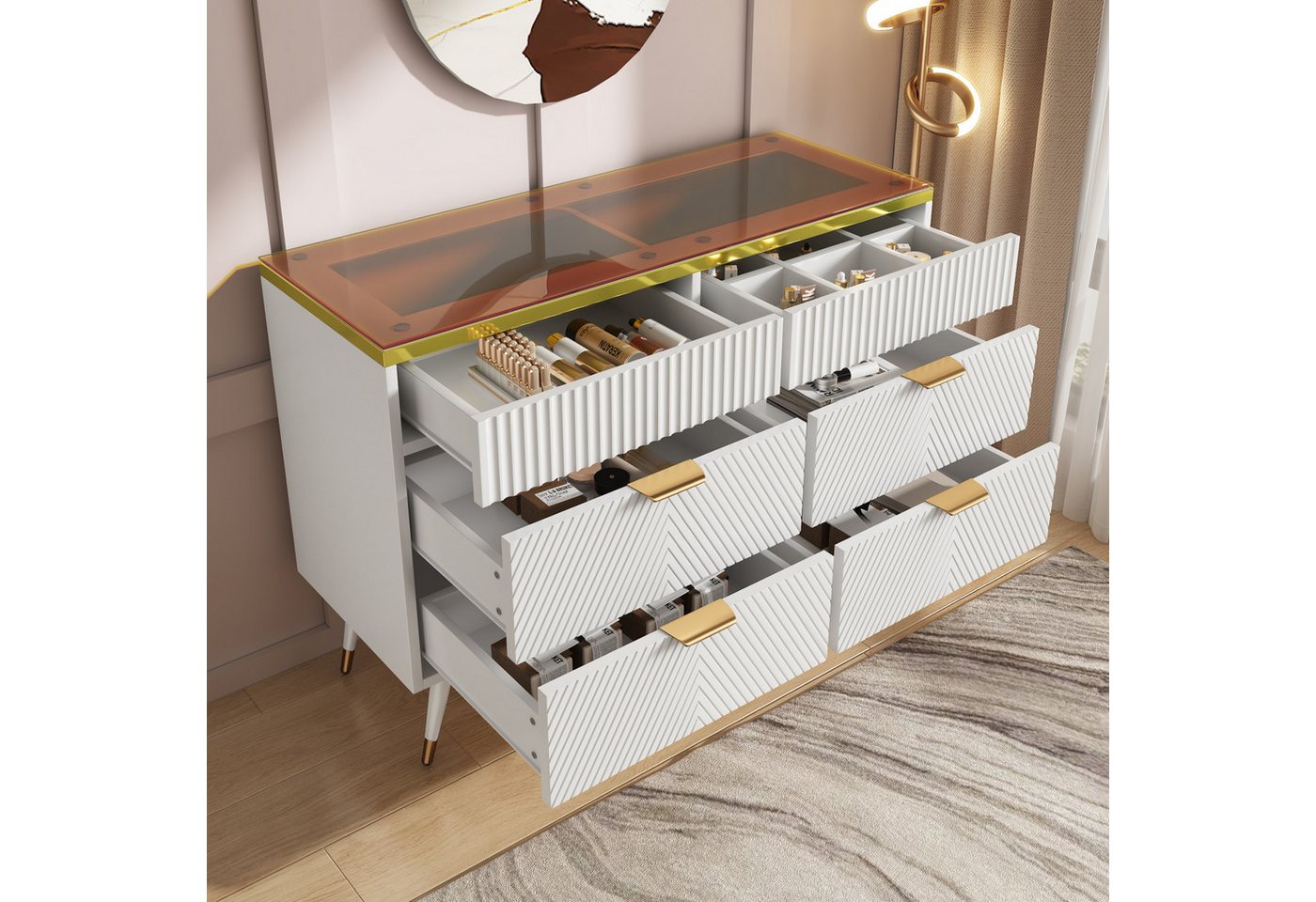 autolock Kommode Sideboard aus Bernstein Glas Facheinteilung, kippsicher Anrichte (120×40×76 cm), Hochschrank für Schlafzimmer und Wohnzimmer von autolock