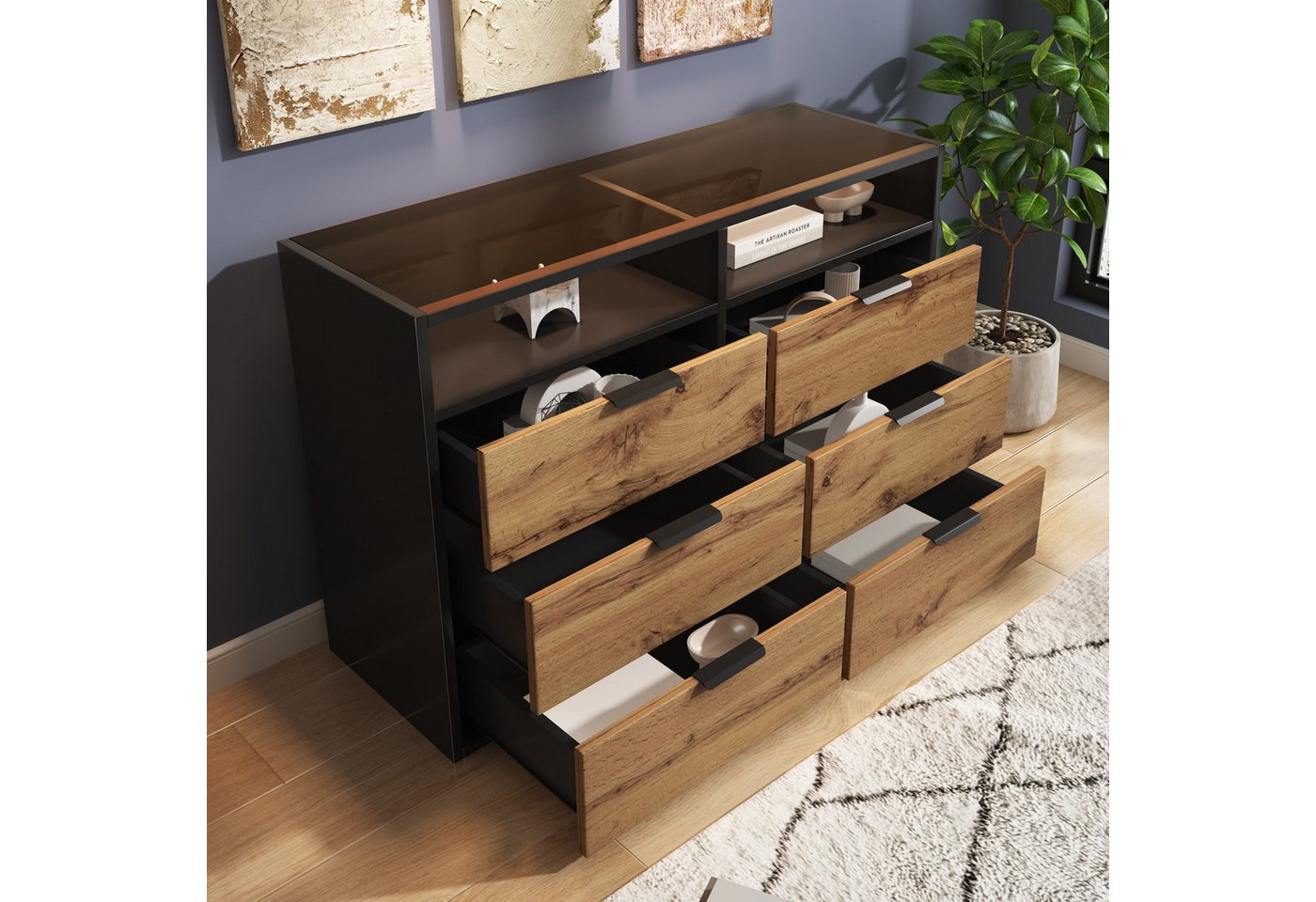 autolock Kommode Sideboard aus Bernstein Glas kippsicher Küchenschrank (mit 6 Schubladen und 2 Fächern Metallgriffen B120cm), Esszimmer Anrichte für Schlafzimmer Wohnzimmer von autolock