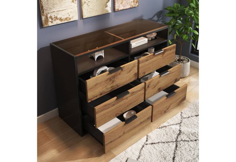autolock Kommode Sideboard aus Bernstein Glas kippsicher Küchenschrank (mit 6 Schubladen und 2 Fächern Metallgriffen B120cm), Esszimmer Anrichte für Schlafzimmer Wohnzimmer von autolock