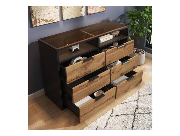 autolock Kommode Sideboard aus Bernstein Glas kippsicher Küchenschrank (mit 6 Schubladen und 2 Fächern Metallgriffen B120cm) von autolock