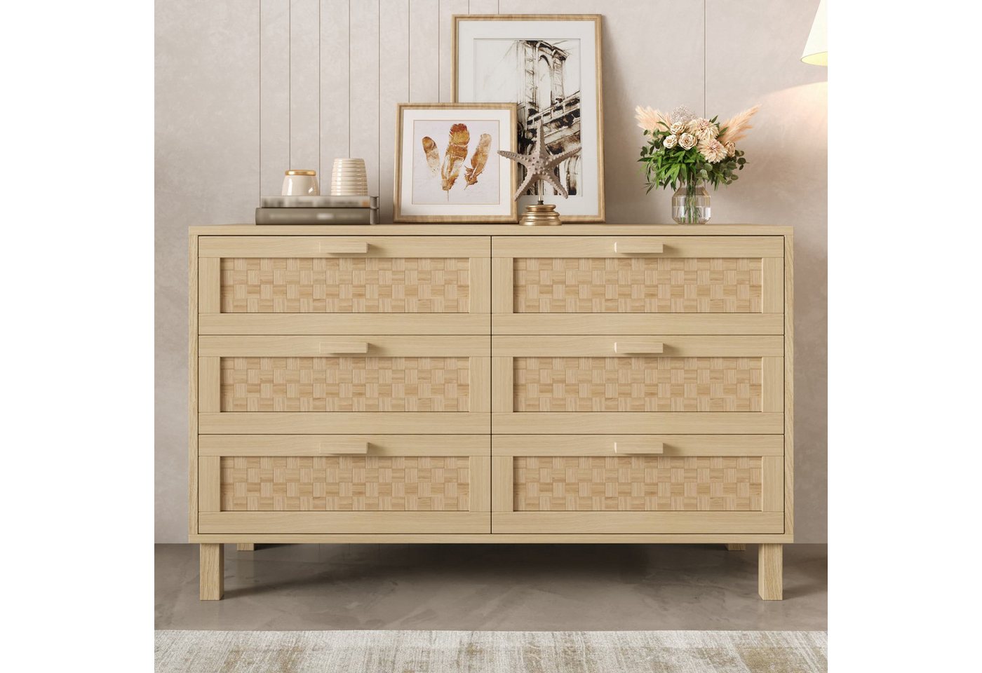 autolock Kommode Sideboard aus Naturholz & Rattan mit viel Stauraum (120  × 75  × 40  cm Wohnzimmerschrank), Anrichte Küchenschrank Schließfächer für Wohn- und Esszimmer von autolock