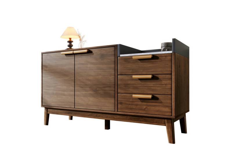 autolock Kommode Sideboard in Eiche Dekor mit Massivholzbeine Marmor-Optik Platte (Offene Ablage 3 Schubladen Doppeltürschrank verstellbares Einlegebrett), Multifunktionsschrank für Wohn- und Schlafzimmer 120×40×77 cm von autolock