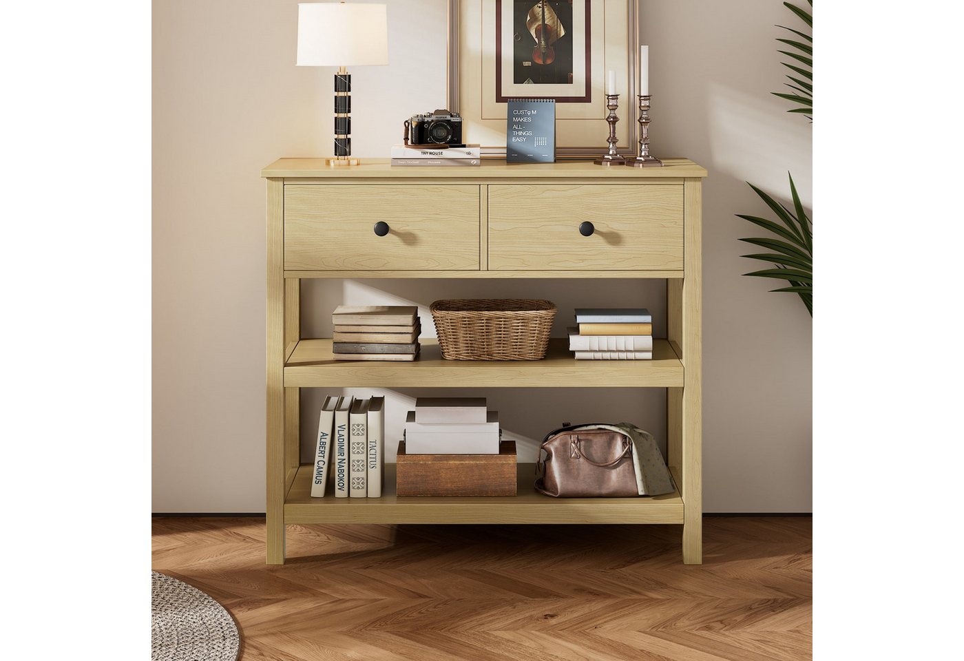 autolock Konsolentisch Retro-Konsolentisch Holz Schmal Sofatisch 34.5 × 28 × 10 cm (Mit Schubladen & Offene Regale), für Flur, Eingang Und Wohnzimmer, Natur von autolock