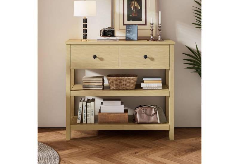autolock Konsolentisch Retro-Konsolentisch Holz Schmal Sofatisch 34.5 × 28 × 10 cm (Mit Schubladen & Offene Regale), für Flur, Eingang Und Wohnzimmer, Natur von autolock